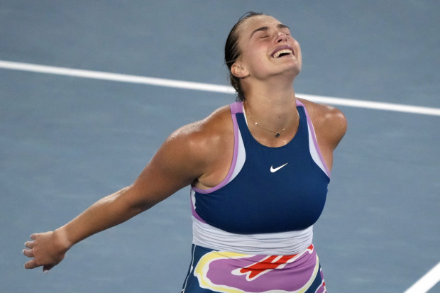 Aryna Sabalenka of Belarus celebrates after defeating Elena Rybakina of Kazakhstan in the women's singles final at the Australian Open tennis championship in Melbourne, Australia, Saturday, Jan. 28, 2023 