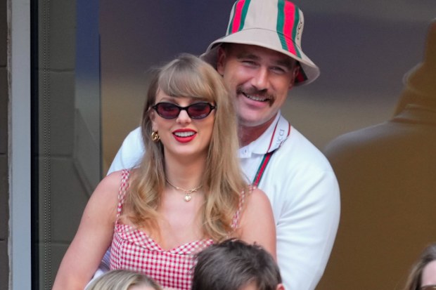 Travis Kelce and Taylor Swift during the 2024 US Open Tennis Championships on September 8, 2024 in New York City.  