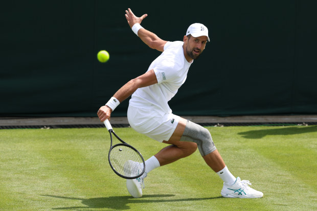 Novak Djokovic of Serbia practices prior to Wimbledon 2024.