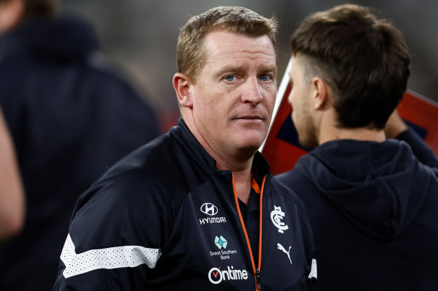 MELBOURNE, AUSTRALIA - JUNE 02: Michael Voss, Senior Coach of the Blues looks on during the 2023 AFL Round 12 match between the Melbourne Demons and the Carlton Blues at the Melbourne Cricket Ground on June 2, 2023 in Melbourne, Australia. (Photo by Michael Willson/AFL Photos via Getty Images)