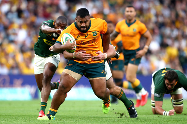 Wallabies prop Taniela Tupou on the charge against the Springboks.