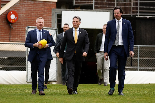 HOBART, AUSTRALIA - MAY 03: (L-R) Tasmanian Premier Jeremy Rockliff, Acting PM Richard Marles and Gillon McLachlan, Chief Executive Officer of the AFL are seen during the AFL Tasmanian Team Announcement at North Hobart Oval on May 03, 2023 in Hobart, Australia. (Photo by Michael Willson/AFL Photos)