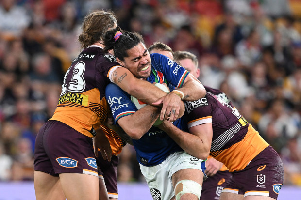 Tohu Harris braces for contact during the NRL preliminary final match between the Brisbane Broncos and New Zealand Warriors at Suncorp Stadium. 