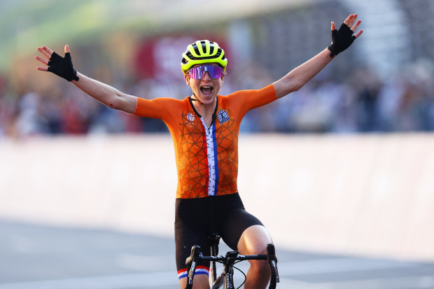 Annemiek van Vleuten celebrates winning the silver medal at the Tokyo Olympic Games.
