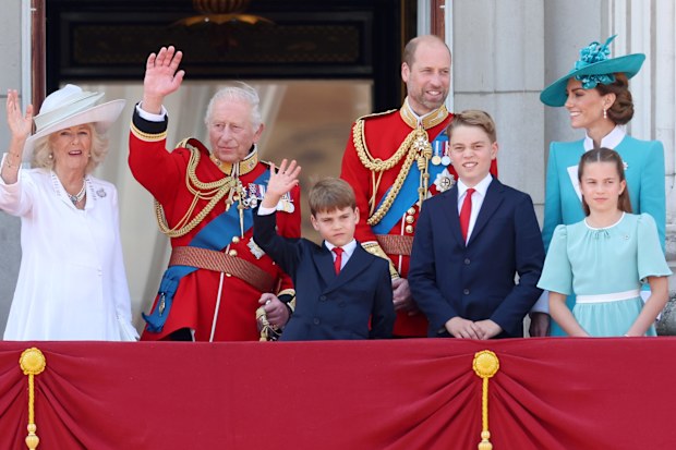 LONDON, ENGLAND - JUNE 14: Queen Camilla, King Charles III, Prince Louis of Wales, Prince William, Prince of Wales, Prince George of Wales, Catherine, Princess of Wales and Princess Charlotte of Wales wave from the balcony at Buckingham Palace during Trooping The Colour 2025 on June 14, 2025 in London, England. Trooping The Colour is a ceremonial parade celebrating the official birthday of the British Monarch. The event features over 1,400 soldiers and officers, accompanied by 200 horses. More t