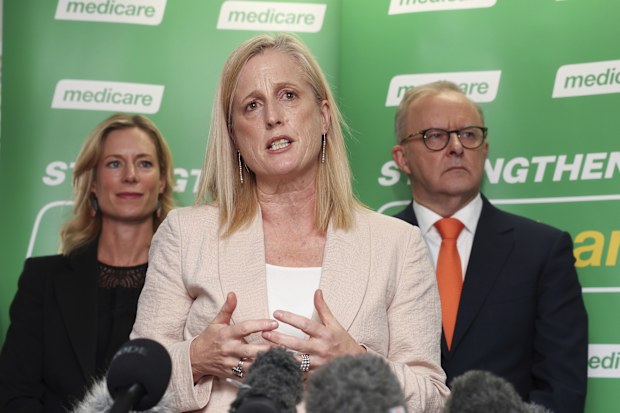 Labor candidate for Lyons Rebecca White, Minister for Finance, Minister for the Public Service, Minister for Women and Minister for Government Services Katy Gallagher and Prime Minister Anthony Albanese at a press conference during a visit to the Bridgewater urgent care clinic, in the electorate of Lyons, in Bridgewater, Tasmania, on Tuesday 15 April 2025 during the 2025 federal election campaign. fedpol Photo: Alex Ellinghausen