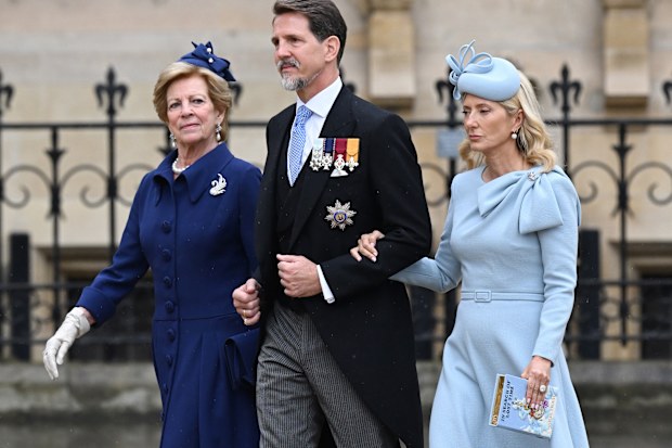 Queen Anne-Marie, Pavlos, Crown Prince of Greece and Marie-Chantal, Crown Princess of Greece attend the Coronation of King Charles III and Queen Camilla on May 06, 2023 in London, England. 