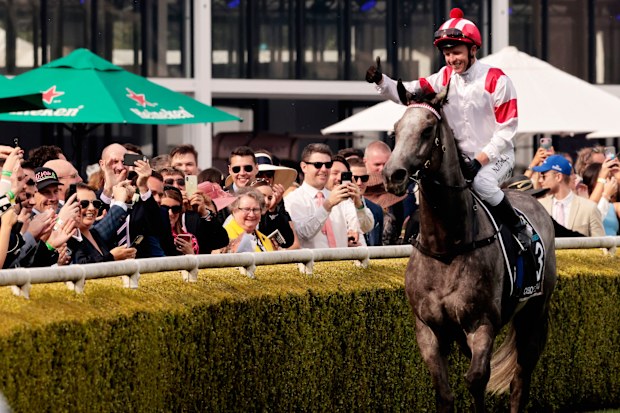Kerrin McEvoy on Classique Legend returns to scale after winning race 7 the TAB Everest last year. (Photo by Mark Evans/Getty Images)