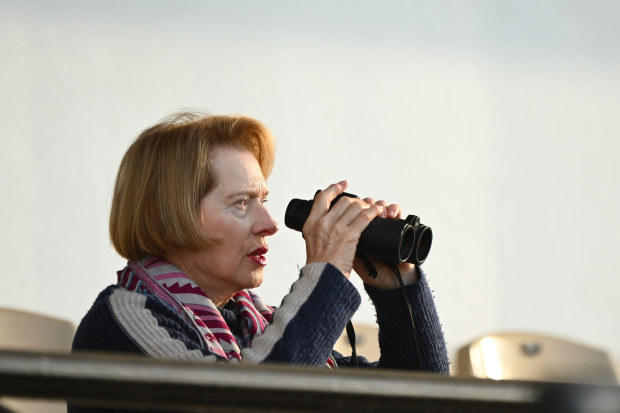 Champion trainer Gai Waterhouse keeps an eye over trackwork.