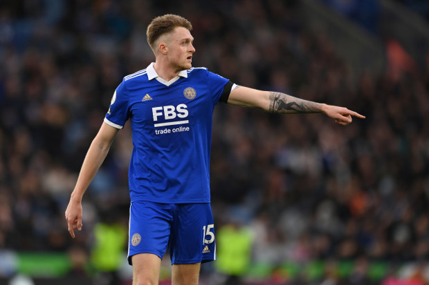 LEICESTER, ENGLAND - FEBRUARY 11: Harry Souttar of Leicester in action during the Premier League match between Leicester City and Tottenham Hotspur at The King Power Stadium on February 11, 2023 in Leicester, England. (Photo by Michael Regan/Getty Images)
