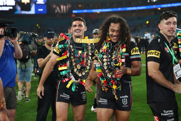 Nathan Cleary and Jarome Luai after the 2023 NRL Grand Final at Accor Stadium, Sydney. Photo: NRL Photos / Brett Costello