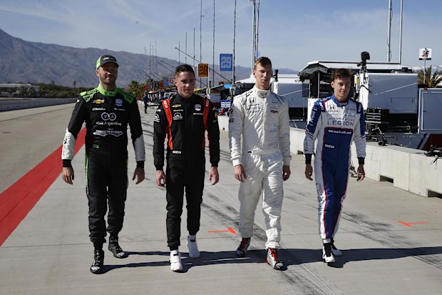 IndyCar's rookie class of 2023 (from left), Agustin Canapinia, Benjamin Pedersen, Sting Ray Robb, and Marcus Armstrong.