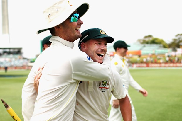 Michael Clarke and David Warner of Australia celebrate victory during day five of the Third Ashes Test Match between Australia and England at WACA on December 17, 2013 in Perth, Australia. (Photo by Ryan Pierse/Getty Images)