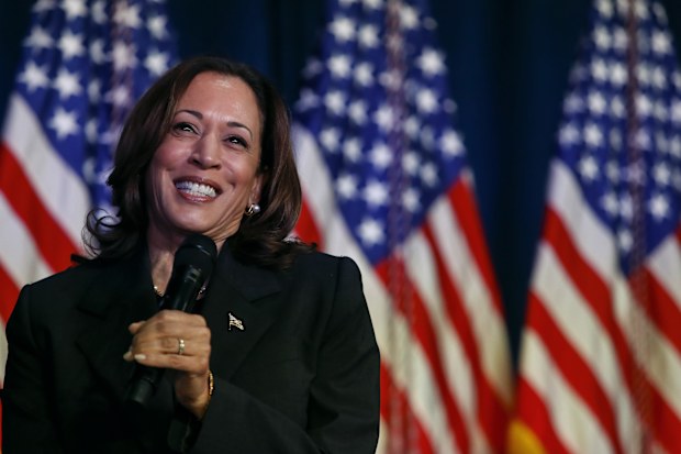 KALAMAZOO, MICHIGAN - JULY 17: US Vice President Kamala Harris attends a moderated conversation with former Trump administration national security official Olivia Troye and former Republican voter Amanda Stratton on July 17, 2024 in Kalamazoo, Michigan. Harris' visit, following the attempted assassination of former President Trump, makes this her fourth trip to Michigan this year and seventh visit since taking office. (Photo by Chris duMond/Getty Images)