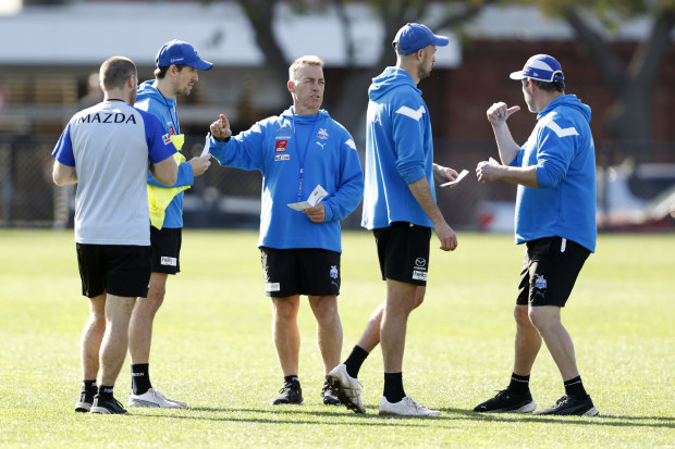 MELBOURNE, AUSTRALIA - AUGUST 02: Alastair Clarkson, North Melbourne Senior coach gives instructions during a North Melbourne Kangaroos AFL training session at Arden Street Ground on August 02, 2023 in Melbourne, Australia. (Photo by Darrian Traynor/Getty Images)