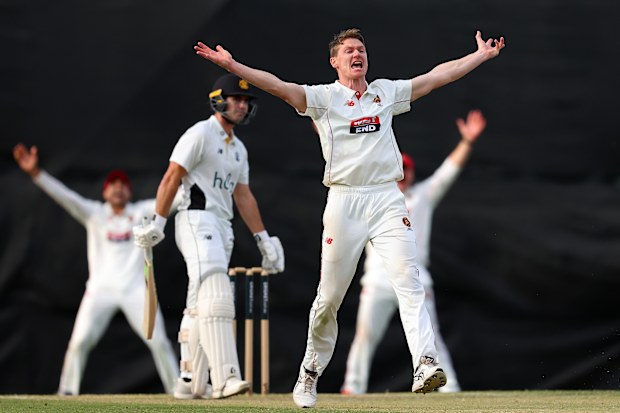 PERTH, AUSTRALIA - OCTOBER 29: Brendan Doggett of South Australia appeals successfully for the wicket of Joel Curtis of Western Australia during day two of the Sheffield Shield match between Western Australia and South Australia at the WACA, on October 29, 2025, in Perth, Australia. (Photo by Paul Kane/Getty Images)