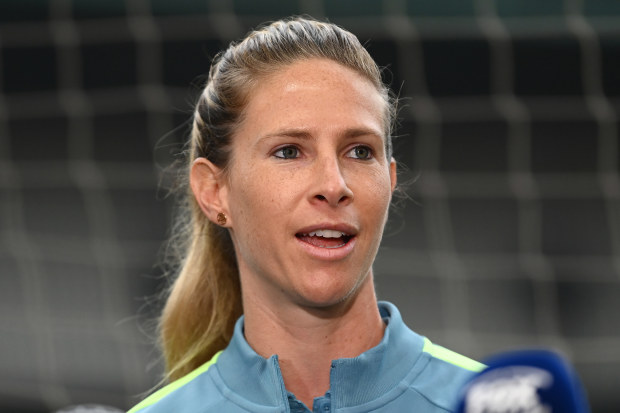 Elise Kellond-Knight speaks to the media during a Matildas media opportunity in 2023.