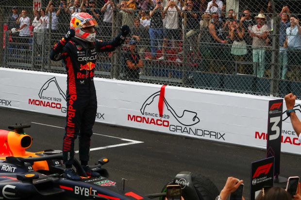 Max Verstappen of Netherlands celebrates victory in Monaco.