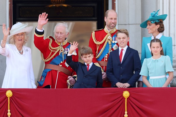 LONDON, ENGLAND - JUNE 14: Queen Camilla, King Charles III, Prince Louis of Wales, Prince William, Prince of Wales, Prince George of Wales, Catherine, Princess of Wales and Princess Charlotte of Wales wave from the balcony at Buckingham Palace during Trooping The Colour 2025 on June 14, 2025 in London, England. Trooping The Colour is a ceremonial parade celebrating the official birthday of the British Monarch. The event features over 1,400 soldiers and officers, accompanied by 200 horses. More t