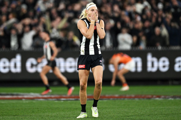 Pies captain Darcy Moore is left speechless on the siren.