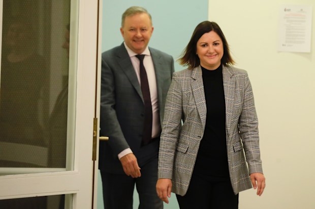 Opposition Leader Anthony Albanese and Kristy McBain who will run for preselection for the seat of Eden-Monaro, during a press conference at Parliament House in Canberra on Friday, 1 May 2020.