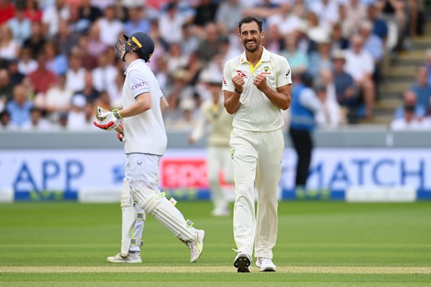 LONDON, ENGLAND - JUNE 30: Mitchell Starc of Australia celebrates after dismissing Harry Brook of England during Day Three of the LV= Insurance Ashes 2nd Test match between England and Australia at Lord's Cricket Ground on June 30, 2023 in London, England. (Photo by Gareth Copley - ECB/ECB via Getty Images)