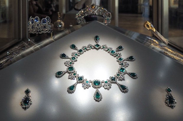 Necklace and earrings from the emerald set of Napoleon's second wife Empress Marie-Louise shown at the Louvre Museum on May 20, 2021.