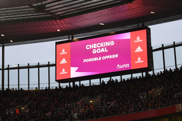 LONDON, ENGLAND - FEBRUARY 11: The Big screen shows that VAR is checking the Brentford goal during the Premier League match between Arsenal FC and Brentford FC at Emirates Stadium on February 11, 2023 in London, England. (Photo by David Price/Arsenal FC via Getty Images)
