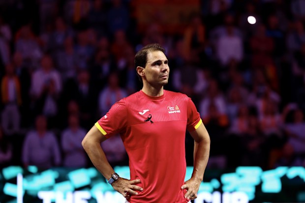 Rafael Nadal is overcome with emotion during a tribute to his tennis career.