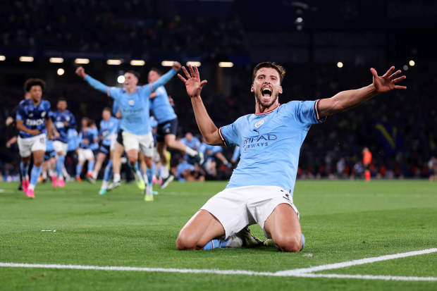 Ruben Dias of Manchester City celebrates after the team's victory.