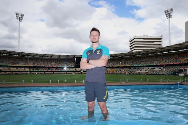 Test debutant Cameron Bancroft tests out the new pool at the Gabba. (AAP)