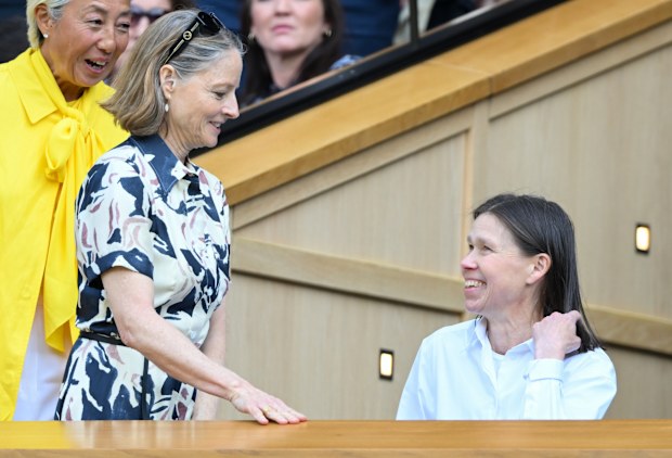 Jodie Foster and Lady Sarah Chatto on day nine of the Wimbledon Tennis Championships at the All England Lawn Tennis and Croquet Club on July 8, 2025 in London, England. 