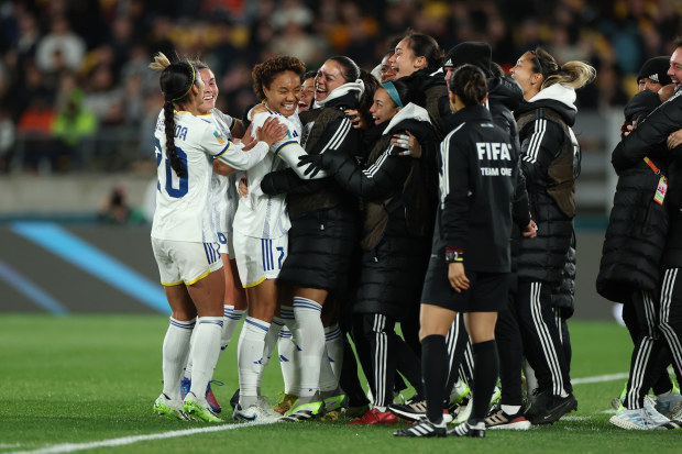WELLINGTON, NEW ZEALAND - JULY 25: Sarina Bolden (3rd L) of Philippines celebrates with teammates after scoring her team's first goal during the FIFA Women's World Cup Australia & New Zealand 2023 Group A match between New Zealand and Philippines at Wellington Regional Stadium on July 25, 2023 in Wellington, New Zealand. (Photo by Maja Hitij - FIFA/FIFA via Getty Images)