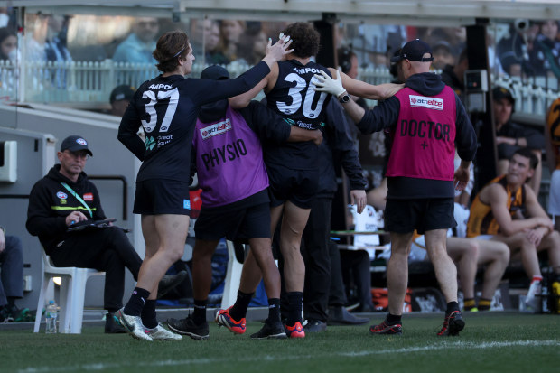 Charlie Curnow is helped off the ground and into the rooms with an ankle injury in round 22 for Carlton.