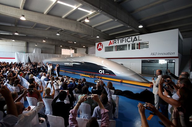 The Hyperloop passenger capsule is unveiled at the Carbures plant at El Puerto de Santa Maria, Cadiz, Spain.