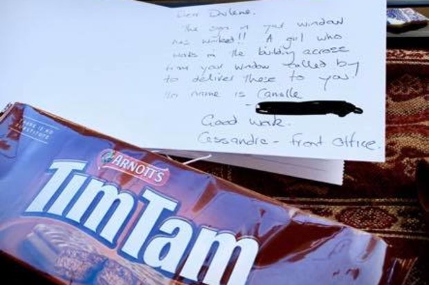 The TimTam delivery from the office worker on her break.