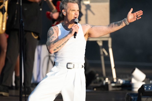 Robbie Williams performs on stage at BST Hyde Park July 6, 2024 