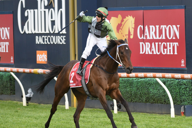 Brett Prebble riding Incentivise winning the Caulfield Cup.