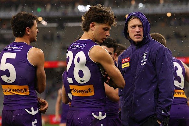 Hayden Young of the Dockers looks on following the clash with the Blues.