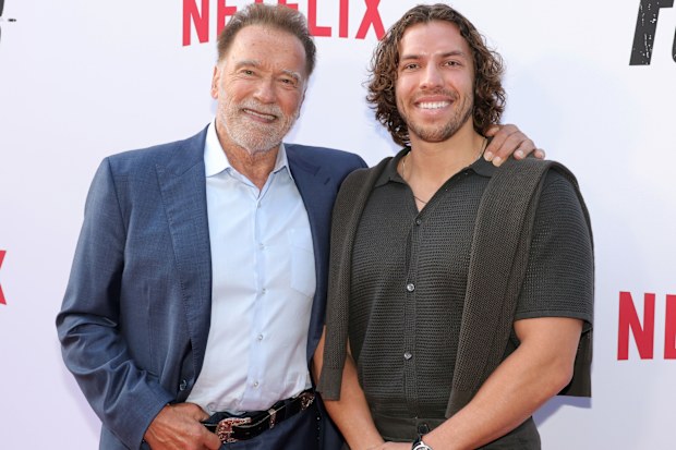 Arnold Schwarzenegger with son Joseph Baena at the premiere of Season 2 of Netflix series FUBAR on June 11, 2025.