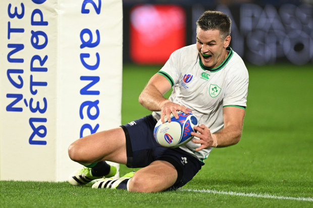 Johnny Sexton of Ireland scores his team's fourth try to become Ireland's record points' scorer during the Rugby World Cup.
