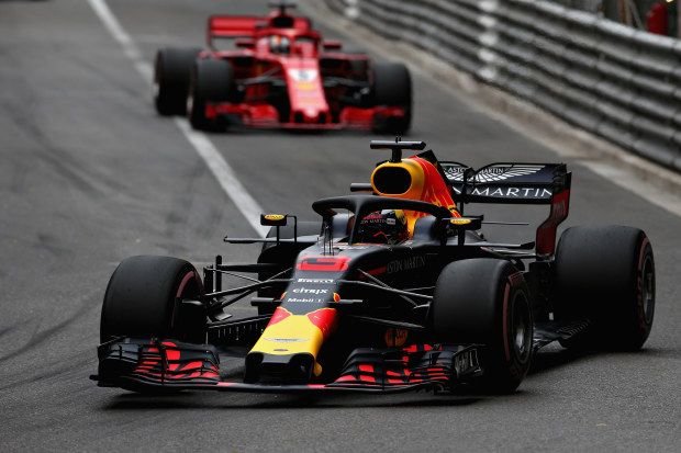Daniel Ricciardo leads Sebastian Vettel during the Monaco Formula One Grand Prix at Circuit de Monaco on May 27, 2018 in Monte-Carlo, Monaco.