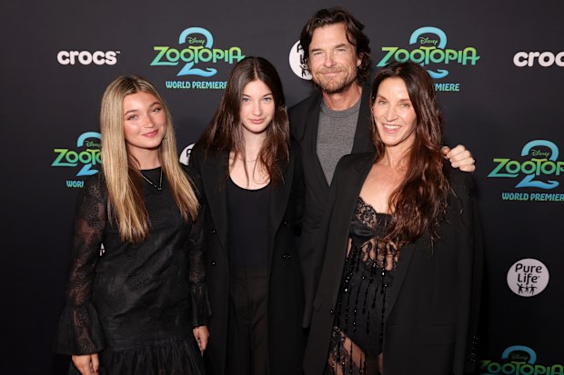 Jason Bateman with daughters Maple and Francesca and wife Amanda Anka at the Zootopia 2 premiere in LA on November 13, 2025.