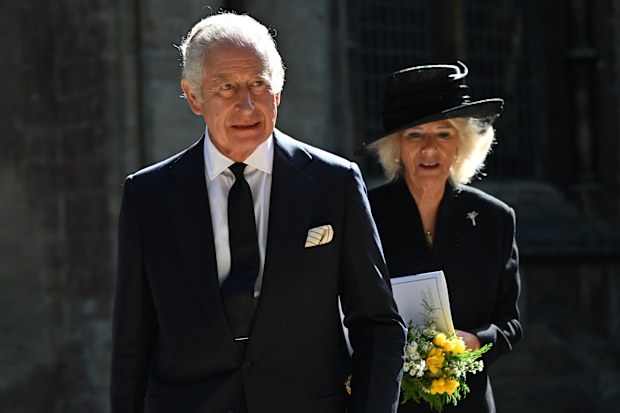 King Charles III and Camilla, Queen Consort depart following a Service of Prayer and Reflection for the Life of The Queen at Llandaff Cathedral on September 16, 2022 in Cardiff, Wales. King Charles III is visiting Wales for the first time since ascending the throne following the death of his mother, Queen Elizabeth II, who died at Balmoral Castle on September 8, 2022