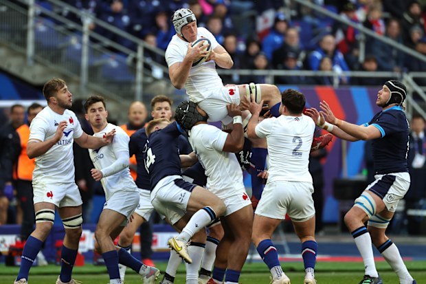 Thibaud Flament of France wins a lineout in Paris.