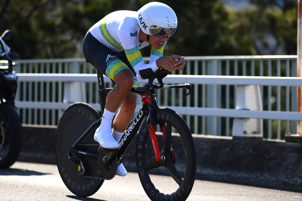 Lucas Plapp of Australia sprints during the 95th UCI Road World Championships 2022 - Men Individual Time Trial a 34,2km individual time trial race from Wollongong to Wollongong / #Wollongong2022 / on September 18, 2022 in Wollongong, Australia. (Photo by Tim de Waele/Getty Images)