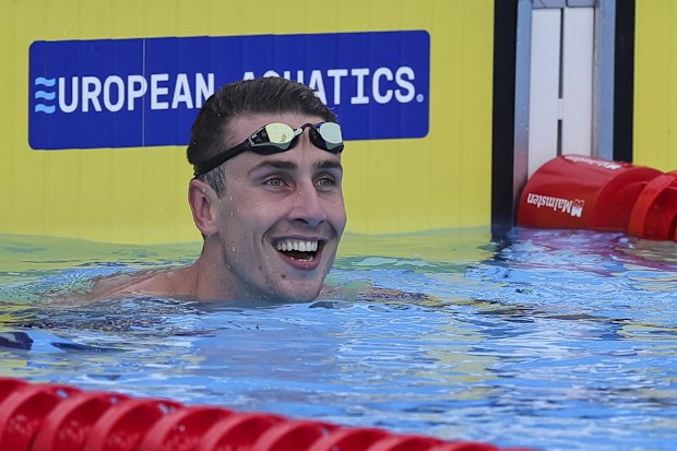 Kristian Gkolomeev of Greece celebrates with after winning the Men's 50m Freestyle Final during the 2024 European Aquatics Championships on June 23, 2024 in Belgrade, Serbia.(Photo by Srdjan Stevanovic/Getty Images)
