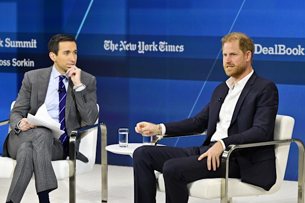 NEW YORK, NEW YORK - DECEMBER 04: Andrew Ross Sorkin and Prince Harry, Duke of Sussex, speak onstage during The New York Times Dealbook Summit 2024 at Jazz at Lincoln Center on December 04, 2024 in New York City.  (Photo by Eugene Gologursky/Getty Images for The New York Times)