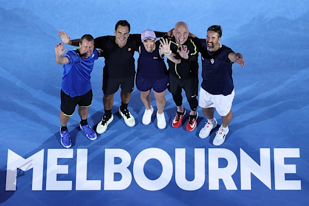 MELBOURNE, AUSTRALIA - JANUARY 17: Lleyton Hewitt of Australia, Roger Federer of Switzerland, Ash Barty of Australia, Andre Agassi of the United States and Pat Rafter of Australia pose for a photo after the Opening Ceremony exhibition match ahead of the 2026 Australian Open at Melbourne Park on January 17, 2026 in Melbourne, Australia. (Photo by Morgan Hancock/Getty Images)