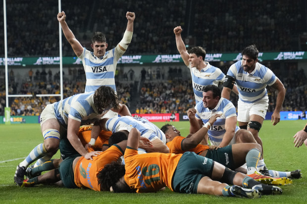 Argentinian players celebrate a try by teammate Juan Martin Gonzalez during the Rugby Championship test match between Australia and Argentina.